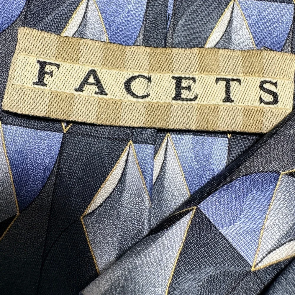Facets‎ Necktie Mens Blue Grey Excellent Geometric Diamond Silk Hand Sewn